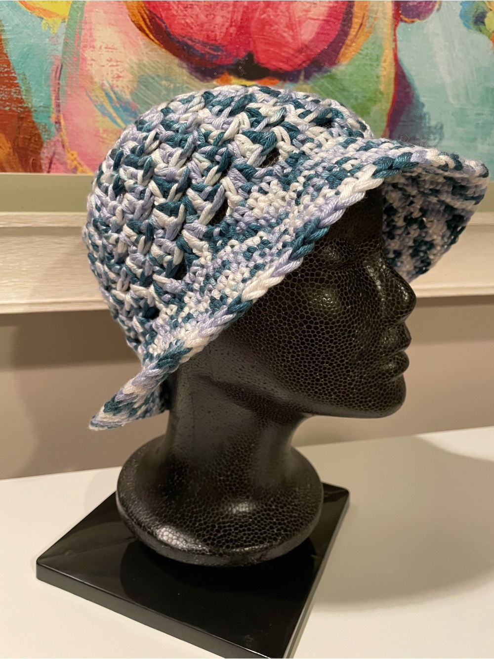 Blue & White Crochet Visor Bucket Hat